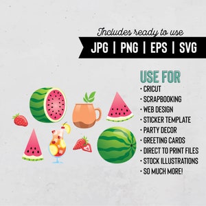 Sommer Clipart | Obst Svg | Wassermelone | Sommer Cocktail | Wassermelone Svg | Eps | Sofortiger Download