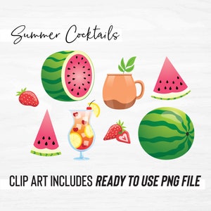 Sommer Clipart | Obst | Wassermelone | Sommer Cocktail | Erdbeere | Sofortiger Download | PNG | DRUCKBARE