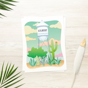 Gilbert | Afdrukbare kaart | Gilbert Wenskaart | Arizona | Watertoren | Arizona Kunst | Tortelduifjes | Saguaro | DIRECT DOWNLOADEN