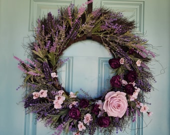 Front door wreath, floral wreath, lavender wreath, farmhouse wreath, cottage wreath, spring wreath, summer wreath