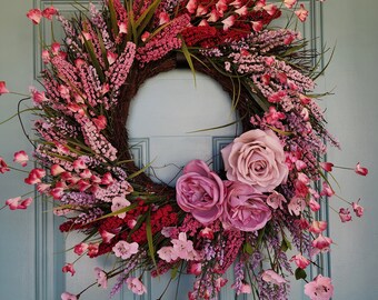 Front door wreath, Spring wreath, summer wreath, cottage wreath, farmhouse wreath, pink floral wreath