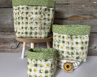 Fabric Baskets - 3 sizes Daisy, Green Basket Weave