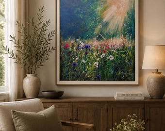 Rayon de soleil des prairies de fleurs sauvages | Peinture à l'huile originale | Art nature d'été | Décoration murale paysage