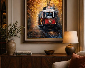 Pintura a óleo original: Bonde Vermelho 42, Arte Urbana Impressionista