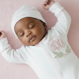 Personalized Baby Sleeper Cotton Footie Set Matching Hat Embroidered Initial Custom Outfit Hospital Coming Home Newborn Photo Session