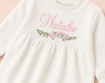 Robe de bébé personnalisée pour nouveau-né fille, tenue de sortie de maternité, robe de baptême, prénom brodé, cadeau personnalisé pour baby shower, maille de coton ivoire