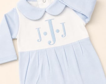 Grenouillère personnalisée pour bébé, cadeau de naissance ou de baptême, ensemble garçon monogrammé, pyjama en coton blanc avec pieds et col Claudine
