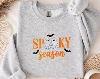 Halloween Crewneck Sweatshirt Women Fall Pullover Ghost Embroidered Spooky Season Graphic Casual October Outfit Party Festive Autumn