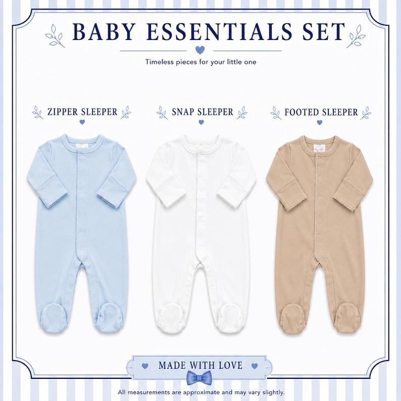 Peut inclure: Un ensemble de v&ecirc;tements pour b&eacute;b&eacute; comprenant trois grenouill&egrave;res &agrave; manches longues et pieds ferm&eacute;s en bleu clair, blanc et beige. Le texte indique BABY ESSENTIALS SET, ZIPPER SLEEPER, SNAP SLEEPER, FOOTED SLEEPER et MADE WITH LOVE.