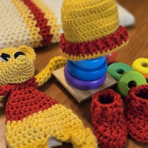 Ready to Ship - Honey Bear Blanket Set, Honey Bear Lovey with Hat and Booties, Handmade Crochet Blanket, Newborn Gift Set