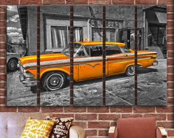 Big Set Taxi Cab Wall Art Decor Picture Painting Poster Print on Canvas Panels Pieces, Old Vintage Cab Wall Picture for Showroom Office