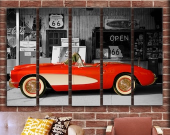 BIG SET OF 5 Panels Canvas Art Vintage Retro Classic Car Art car Corvette Framed Pictures Prints Posters Wall Decor 55"x35"