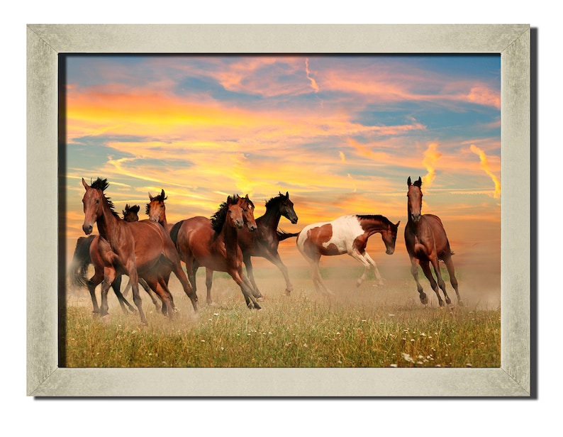 Galloping Horses Wall Art Decor Sunset Sky Canvas Picture Etsy