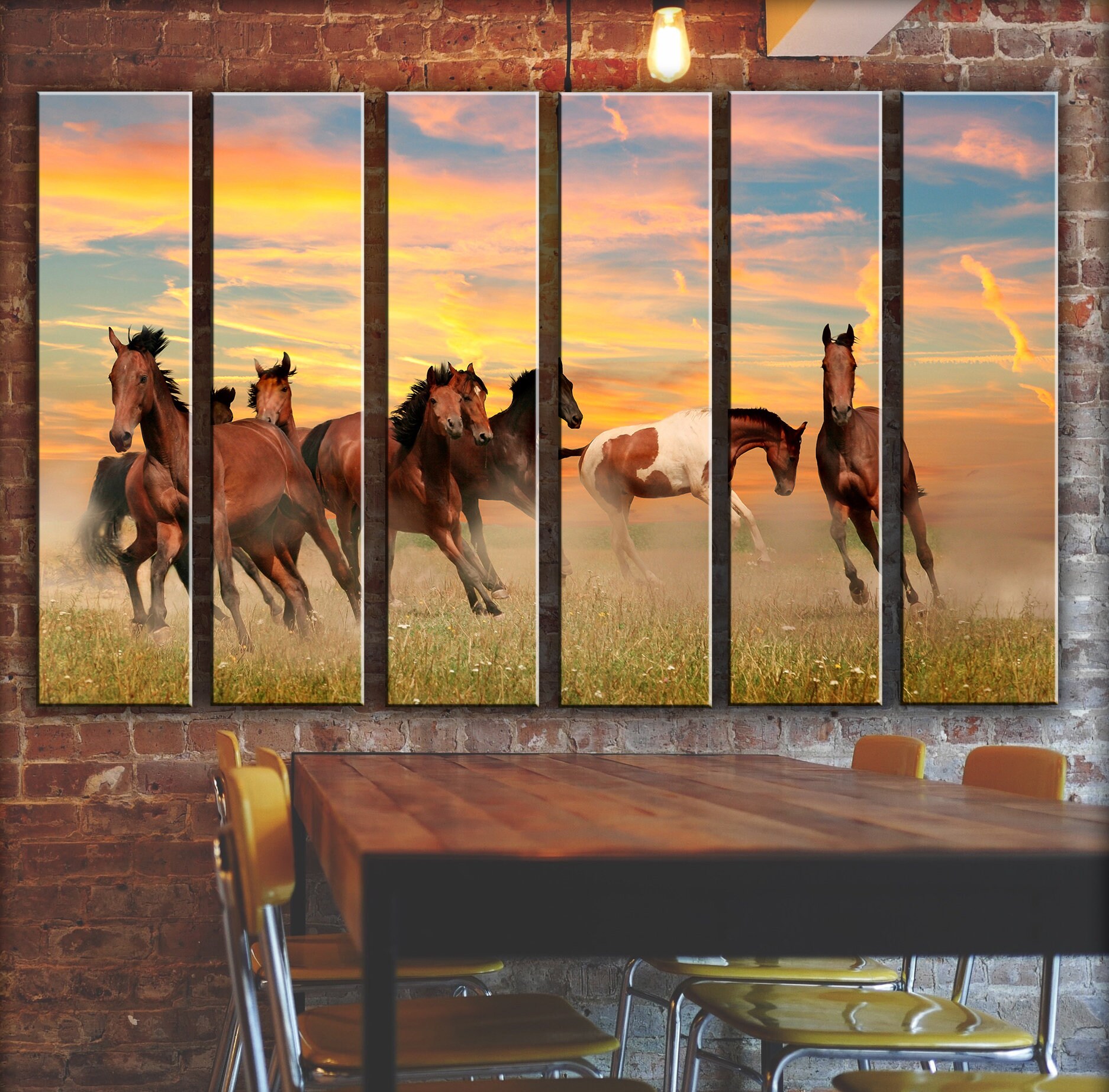 Galloping Horses Wall Art Decor Sunset Sky Canvas Picture Etsy