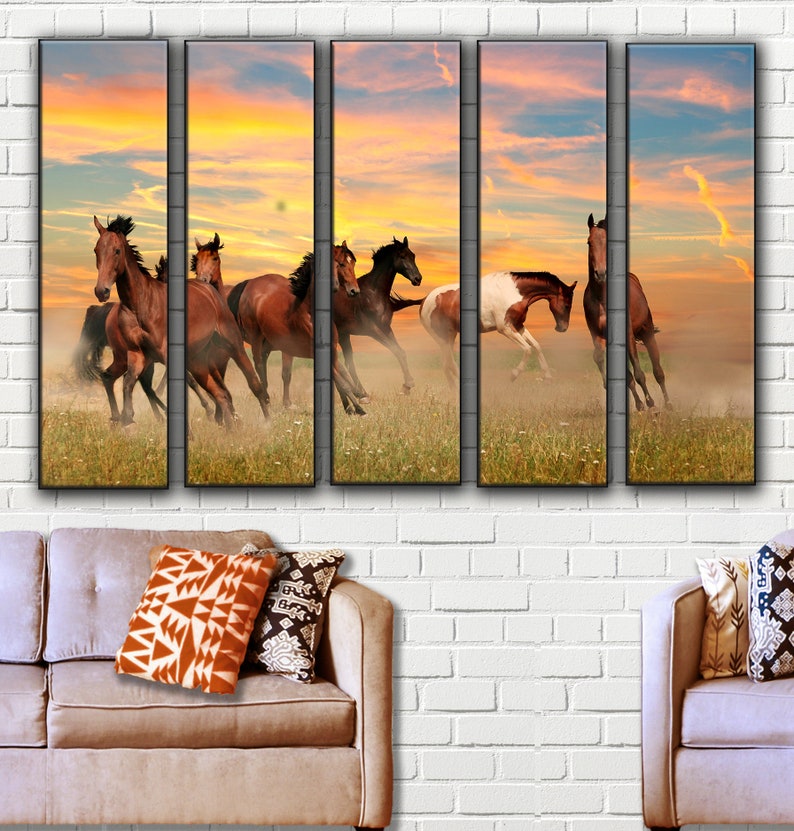 Galloping Horses Wall Art Decor Sunset Sky Canvas Picture Etsy