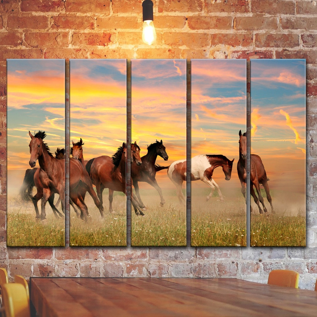 Galloping Horses Wall Art Decor, Sunset Sky Canvas Picture Print Poster ...