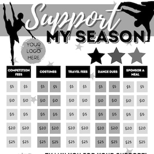 EDITABLE! Support My Season Chart | Dance Fundraiser | Competition Dance | Pick A Date Fundraiser | Support Me | Dance | Tumbling | Cheer