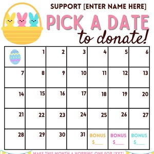 EDITABLE Pick a Date Fundraiser | Calendar | Sponsor a Date | Easter | Bunny | March | April | Church | PTA | Team