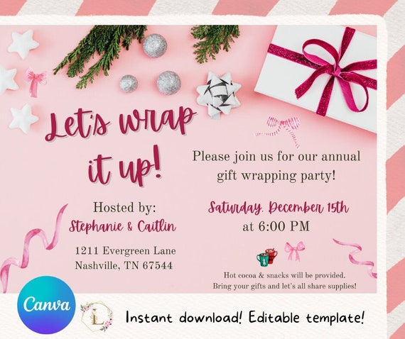 5x7 Wrapping Paper Bow Christmas Party Invitation
