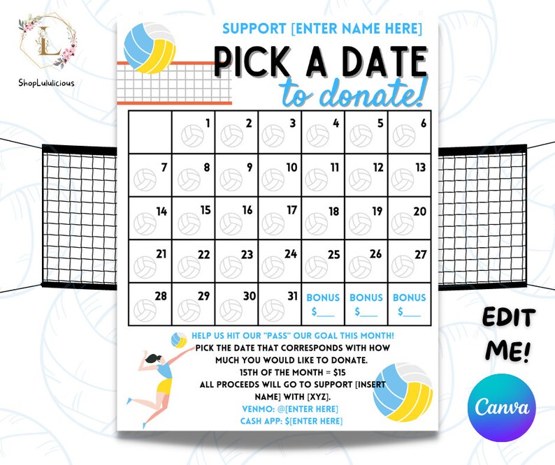 EDITABLE Volleyball Fundraiser Pick a Date Sponsor a Etsy