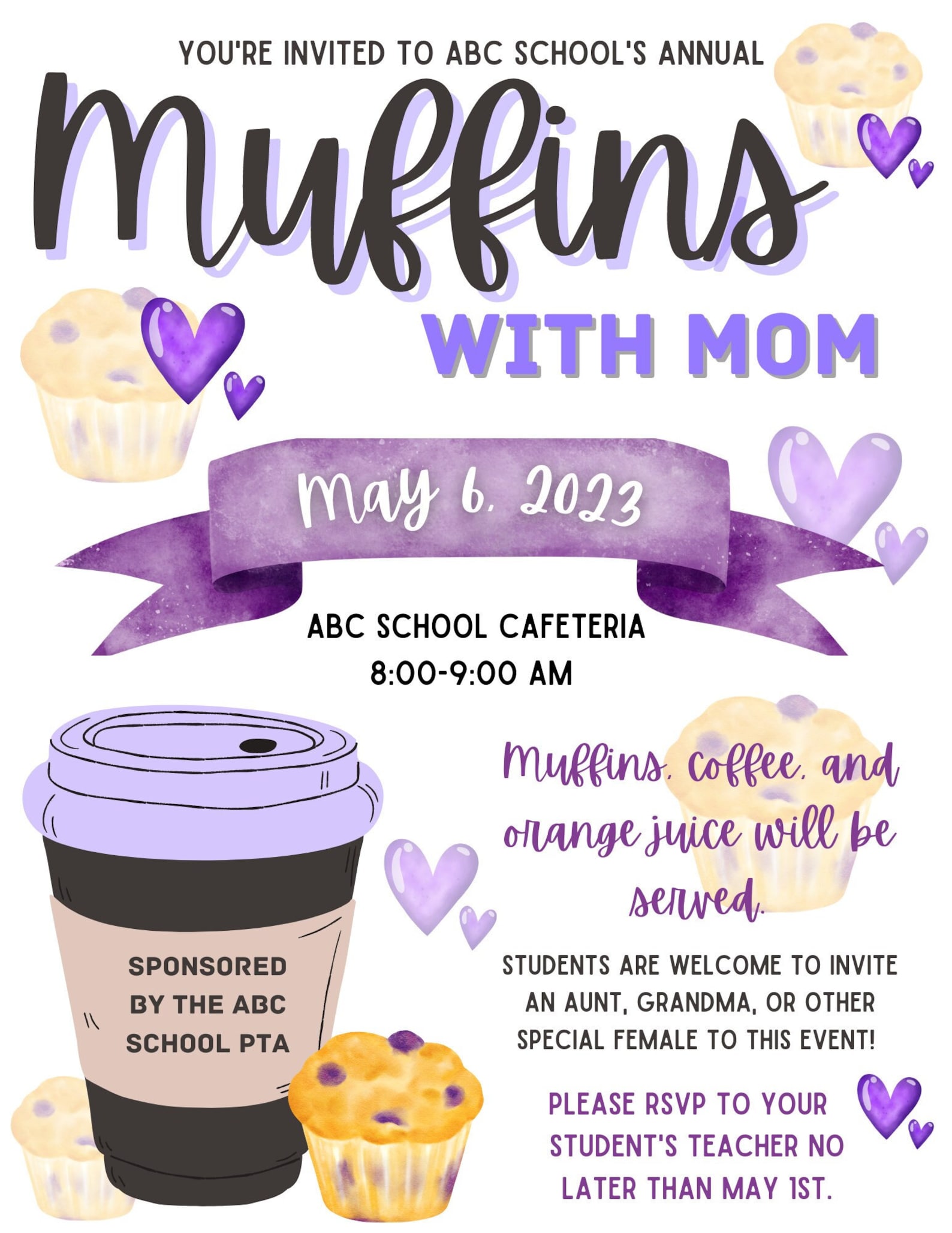 Muffins With Mom Flyer, Made to Order, Invitation, Printable PTA Flyer