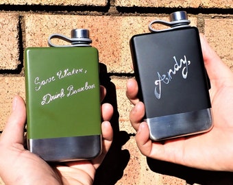 Personalised Hip Flasks, Engraved By Hand, Engraved Hip Flasks, Birthday Idea, Occasion Gift, Custom Hip Flask, Khaki and Black, Men Gift
