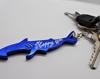 Personalised Shark Keyrings, Engraved by Hand, Bottle Opener Keyring, Custom Shark Keychain, Customised Gift Idea, Fun Unique Birthday Gift