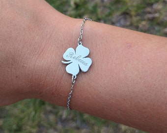 Personalised Four Leaf Clover Bracelet, Lucky Jewelry, Engraved By Hand, Waterproof Custom Engraving Jewellery, Unique Gift Idea, Shamrock