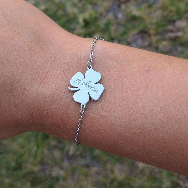 Personalised Four Leaf Clover Bracelet, Lucky Jewelry, Engraved By Hand, Waterproof Custom Engraving Jewellery, Unique Gift Idea, Shamrock