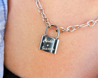 Personalised Padlock Necklace, Engraved By Hand, Lock Charm, Personalised Engraved Jewellery, 90s Padlock Pendant Chain, Engraved Jewelry