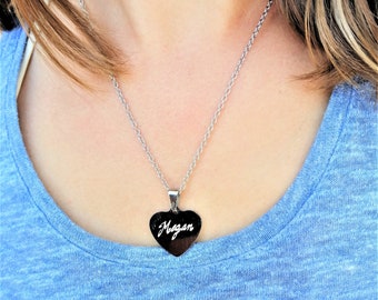 Personalised Love Heart Necklace, Engraved By Hand, Stainless Steel Chain, Custom Engraved Heart Pendant, Unique Birthday Gift, Kids Jewelry