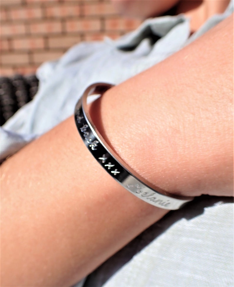 Personalised Cuff Bracelet, Engraved By Hand, Engraved Bracelet, Stainless Steel Bracelet, Custom Engraved Bracelet, Stacking Bracelet, Gift immagine 1