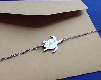 Personalised Turtle Bracelet, Engraved By Hand, Waterproof Bracelet, Custom Engraved Jewellery, Unique Gift Idea, Ocean Lover, Turtle Charm