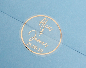 Pegatinas de sello de sobre de boda con nombre de oro rosa, redondas, transparentes, sellos, etiquetas personalizadas, papelería de boda, etiquetas personalizadas, fecha de boda