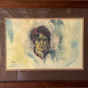 Vintage watercolor portrait with walnut wood frame art antique vintage wall decor painting original signed vintage watercolor painting