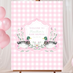 Ente Babyparty Willkommensschild Mädchen, rosa kariertes Babypartyschild, rosa kariertes Partyschild Enten-Babyparty-Poster, individuelles Babyparty-Schild