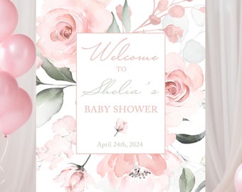 Floral Baby Shower Welcome Sign, Pink Baby Shower Welcome Poster, Blush Baby Shower Sign, Baby Shower Poster, Baby Shower Decorations Girl