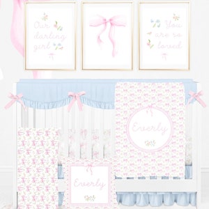 Pink Bow Crib Bedding Set Girl, Baby Girl Crib Bedding Set, Floral Crib Bedding Set Girl, Pink Bow Nursery Bedding Girl, Custom Baby Bedding