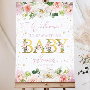 Floral Baby Shower Welcome Sign, Pink Floral Welcome Poster, Personalized Baby Shower Sign, Baby Shower Poster, Blush Baby Shower Decoration