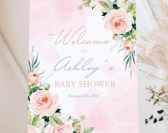 Floral Baby Shower Sign Girl, Blush Pink Floral Welcome Sign, Floral Baby Shower Welcome Sign, Pink Baby Shower Decor, Baby Shower Poster
