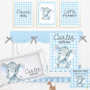 Elephant Crib Bedding Set, Elephant Nursery, Baby Boy Crib Bedding, Blue Crib Bedding, Blue Gingham Crib Bedding Set, Elephant Baby Bedding