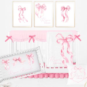 Pink Bow Crib Bedding Set, Baby Girl Crib Bedding Set, Coquette Crib Bedding Set, Custom Pink Bow Nursery Decor, Grandmillennial Nursery Set
