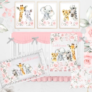 Safari Crib Bedding Set, Safari Animals Nursery, Pink Floral Crib, Elephant Baby Bedding, Custom Safari Baby Blanket, Floral Nursery Bedding