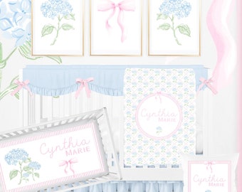 Floral Crib Bedding Set Girl, Baby Girl Crib Bedding Set, Grandmillennial Bedding Crib Set, Hydrangea Nursery Bedding, Pink Bow Baby Bedding