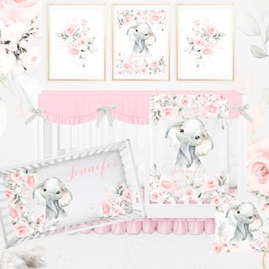 Elephant Crib Bedding Set Girl, Baby Girl Crib Bedding Set, Pink Floral Crib Bedding Set, Floral Baby Bedding Girl, Elephant Nursery Decor