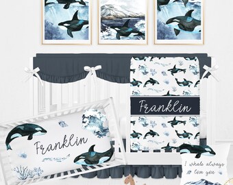 Whale Crib Bedding Set, Baby Boy Crib Bedding, Nautical Baby Bedding Set, Ocean Baby Blanket, Navy Blue Nursery Bedding, Ocean Nursery Decor
