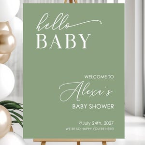 Salbeigrünes Babypartyschild, Minimalistisches Babyparty-Willkommensschild, Hallo Babyschild, Babypartydekoration Junge, Babyparty-Willkommensplakat