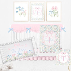 Pink Bow Crib Bedding Set Girl, Baby Girl Crib Bedding Set, Grandmillennial Nursery, Pink and Blue Floral Baby Bedding, Floral Crib Set Girl