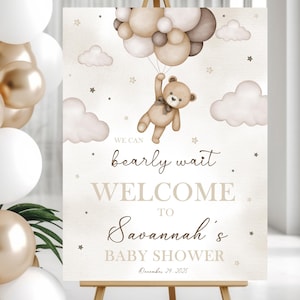 We Can Bearly Wait Baby Shower Welcome Sign, Teddy Bear Baby Shower Sign, Bear Baby Shower Decoration, Balloon Party Decor, Beige Party Sign