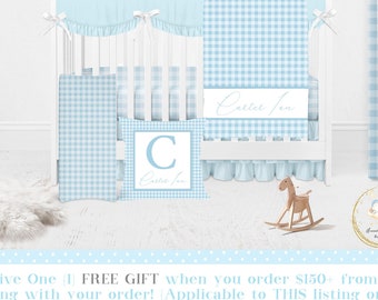 Baby Boy Crib Bedding Set, Blue Gingham Crib Bedding Set Boy, Blue Baby Bedding Crib Set Boy, Baby Blue Nursery, Plaid Nursery Bedding Set